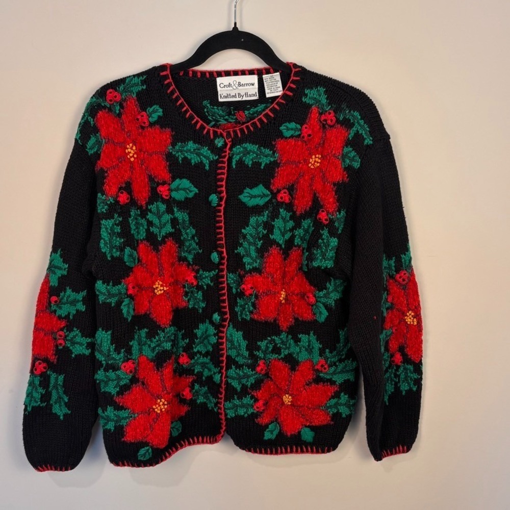 Vintage Croft & Barrow Hand-knitted Chunky Knit Poinsettia Holiday Cardigan Med